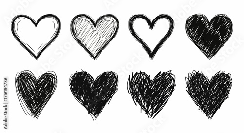 Eight unique hand-drawn heart icons in various sketch styles perfect for design elements