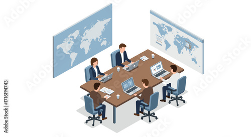 Isometric teamwork collaboration in global business meeting room with technology