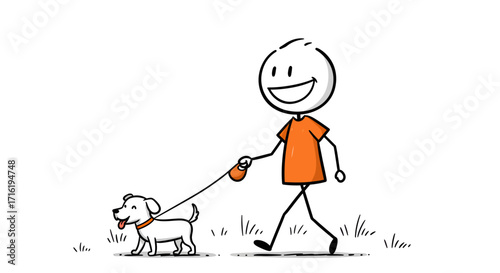 Simple line drawing of a person walking a small dog on a leash against a white background, conveying a cheerful mood with orange and white colors.
