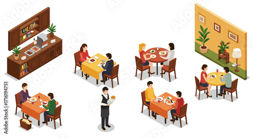 Isometric dining scenes: diverse couples enjoying meals in a restaurant setting