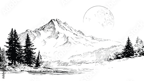 Stunning Black and White Mountain Landscape Drawing