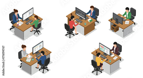Diverse professionals working collaboratively in isometric office space