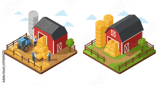 Isometric farmyard scene with barn, tractor, and haystacks