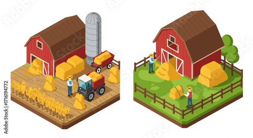 Isometric farm scenes with barns, hay bales, tractor, and farmers in agricultural settings