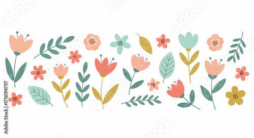 Charming hand-drawn floral elements bring vibrant spring joy to any design project