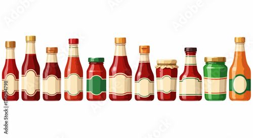 Collection of various sauce bottles, including ketchup, hot sauce, and other condiments.