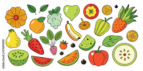 Vibrant assortment of fresh fruits and vegetables hand-drawn style collection