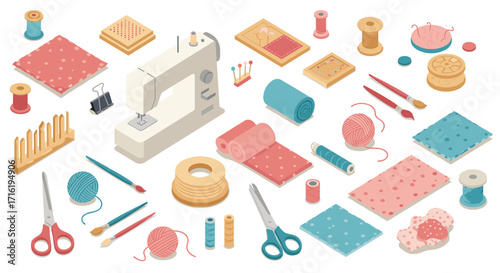 Colorful sewing and crafting tools in isometric style for creative projects