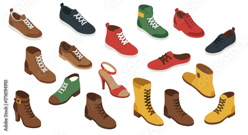 Colorful isometric shoe collection featuring sneakers, boots, and heels