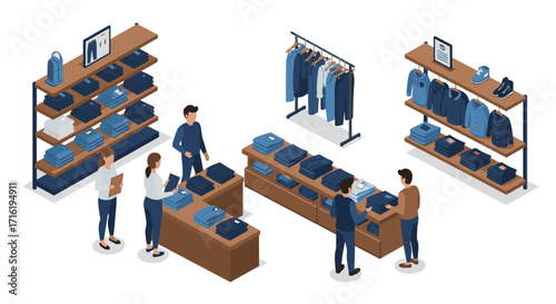 Modern clothing store interior design with isometric shelving and apparel displays