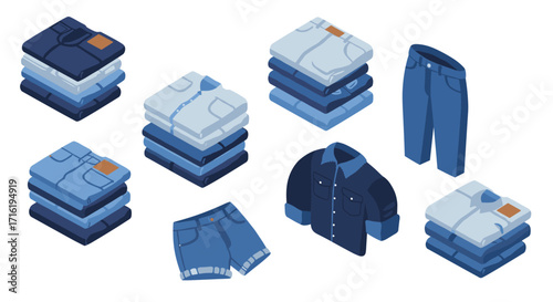 Isometric clothing collection featuring folded shirts and denim apparel on white background