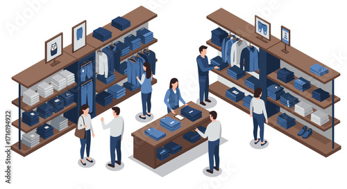 Isometric retail store scene with shoppers and clothing displays