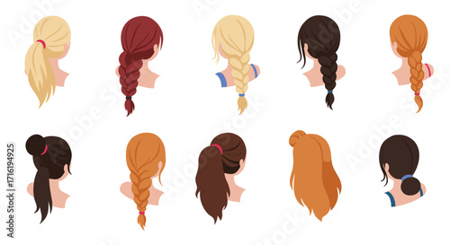 Diverse hairstyle collection featuring braids and ponytails in flat design