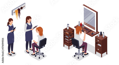 Isometric hair salon scene with hairdressers and client in modern styling setup