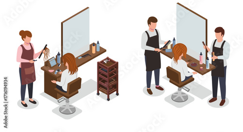 Isometric hair salon scene with stylists working with clients in professional setting