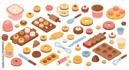 Assorted baking tools and sweets in isometric style