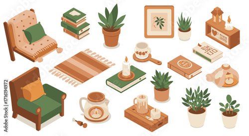 Cozy home elements featuring warm tones and simple shapes with books, plants, and decorative items