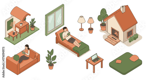 Cozy isometric home interior with relaxed people, furniture, and plants