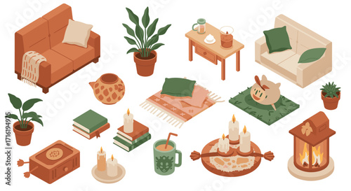 Cozy isometric living room elements with candles and plants for home decor