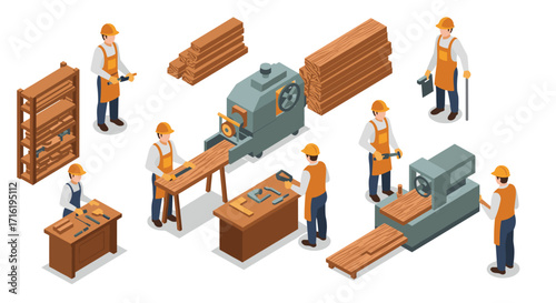 Isometric workshop scene with workers and carpentry tools in action