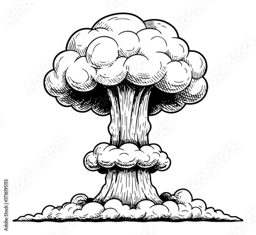 Nuclear Bomb Explosion with Mushroom Cloud Engraving Style black shape vector laser cutting engraving monochrome print