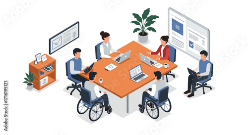 Diverse team collaborating in office meeting with technology and accessibility