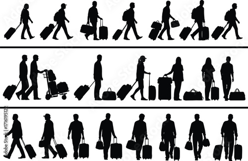 Silhouettes of Travelers with Luggage in Motion – Airport Commuters, Business Tourists, Vacation People Walking, Standing, Pushing, Carrying Bags