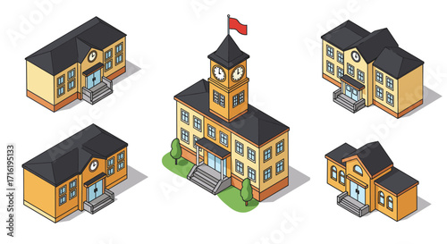 Set of isometric school buildings with clock towers and red flag