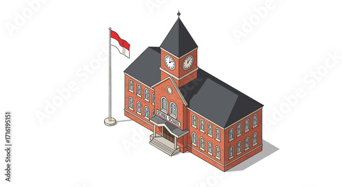 Classic brick school building with clock tower and flag in isometric style