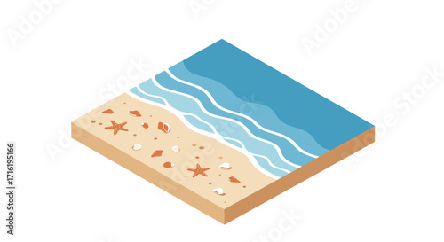 Isometric beach scene with waves and seashells on sandy shore