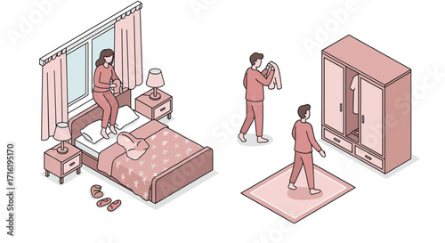 Isometric bedroom scene with character dressing and making bed in soft tones