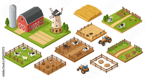 Isometric farm scene with barn, windmill, and livestock in pastoral setting