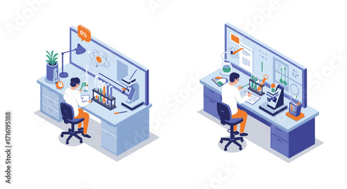 Isometric laboratory workspace with scientist and equipment illustrations