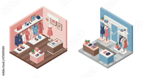 Isometric boutique interior with fashion displays and modern decor