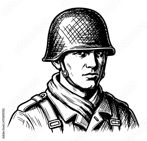 Vintage Engraving Style Portrait of a Soldier in a Helmet black shape vector laser cutting engraving monochrome print