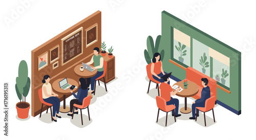 Isometric coffee shop scenes with people working and socializing