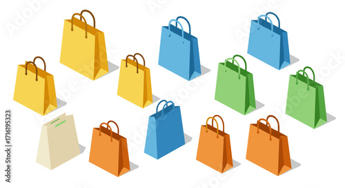 Colorful shopping bags isometric design for e-commerce and retail concepts