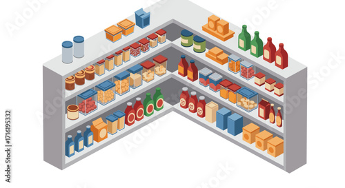Isometric grocery store shelves filled with assorted food products