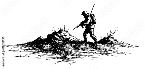 Hand Drawn Soldier on a Military Mission in a Battlefield black shape vector laser cutting engraving monochrome print