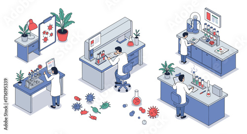 Scientists in modern laboratory conducting virus research in isometric design
