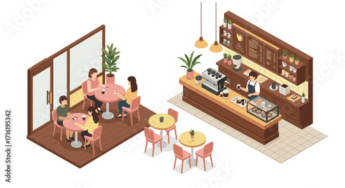 Cozy isometric cafe with customers and barista in warm tones