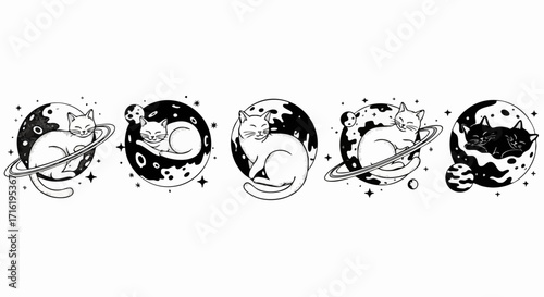 Whimsical cats sleeping peacefully on cosmic planets surrounded by stars in a dreamy celestial scene