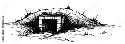 Vintage Underground Dugout or Bunker Entrance Sketch