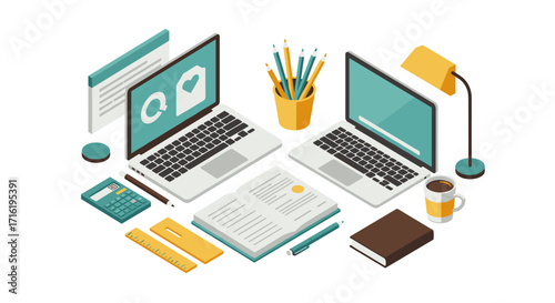 Modern workspace with laptops and stationery in isometric design