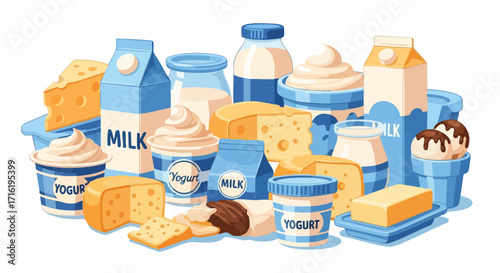 Delicious dairy assortment with fresh milk, creamy yogurt, rich cheese, and smooth butter