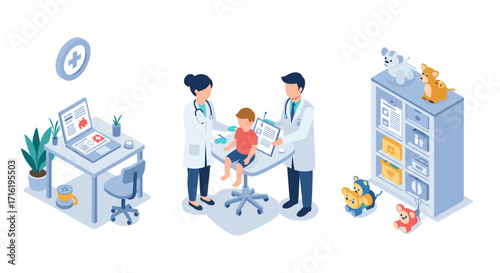 Pediatric clinic scene with doctors examining child in isometric style