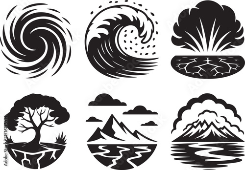 Natural disaster symbols powerful storm water mountain tree icons