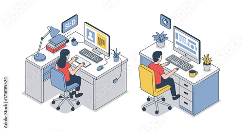 Isometric office desks with people working on computers in modern workspace