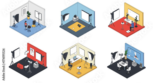 Isometric office studio setup with photography and video equipment