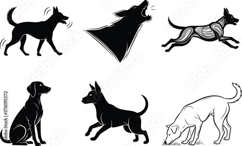 Vector illustration of dogs in various poses and styles including howling, running, sitting, and sniffing for pet and anatomy themes.